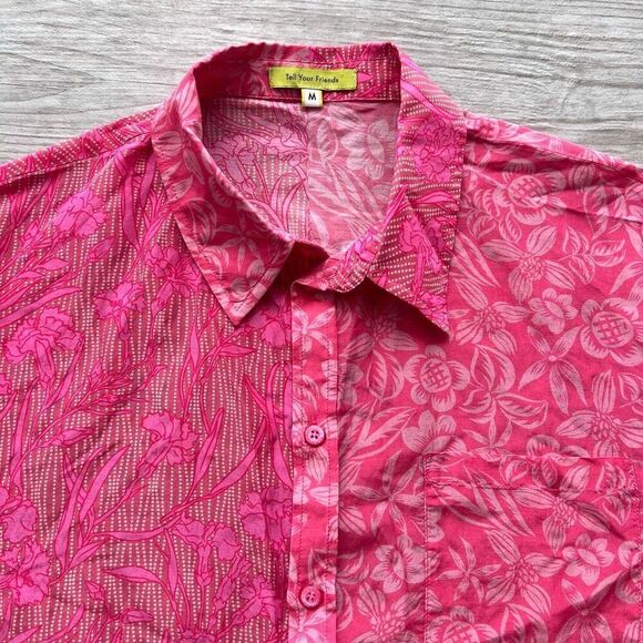 Tell Your Friends Mens‎ Pink Floral Silk Short Sleeve Button-Up Shirt Medium - Picture 3 of 8